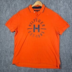 Tommy Hilfiger Polo Shirt Mens L Orange‎ Logo Short Sleeve Cotton Casual  #AB441